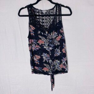 Kismet Black Blue Pink Tropical Print Sleeveless Tie Front Blouse W Lace Knit M